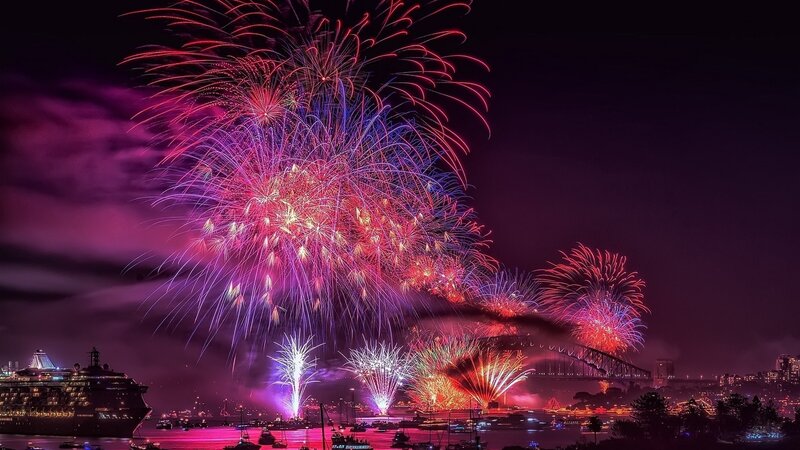 Fireworks over Harbor — Purple, Festive, Night, Photograph