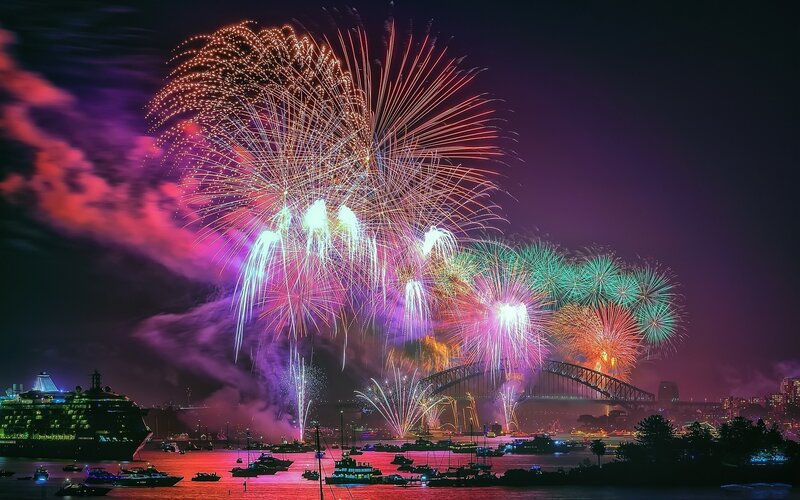 Fireworks over Harbor — Purple, Festive, Night