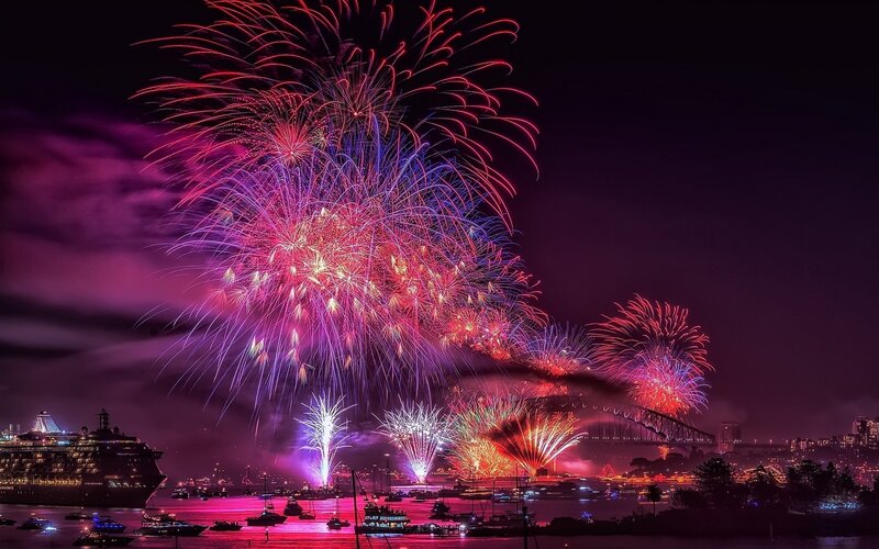 Fireworks over Harbor — Purple, Festive