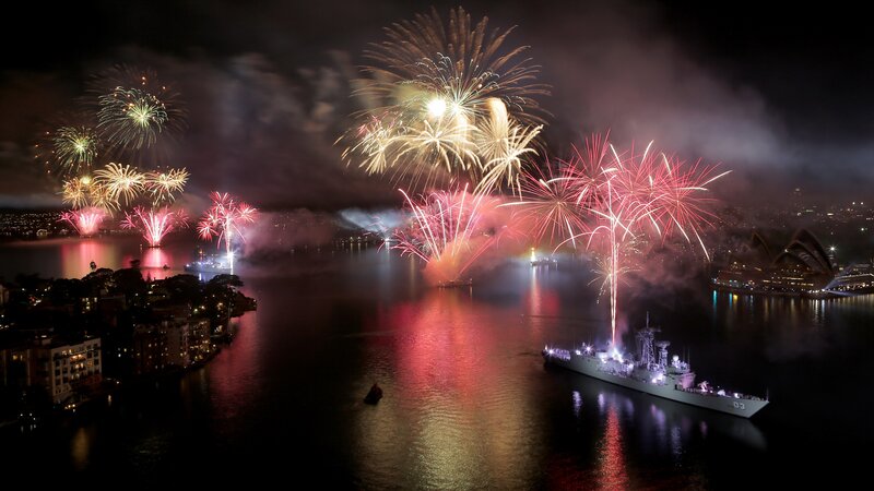 Fireworks over Harbor — Red, Celebratory