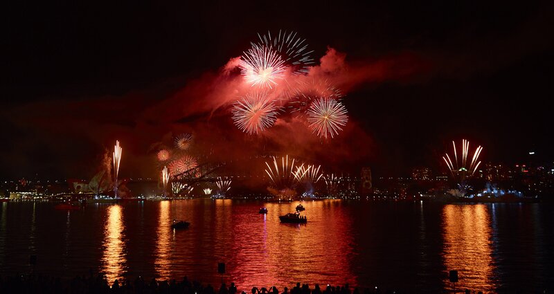 Fireworks over Harbor — Red, Dramatic, Night, Photograph