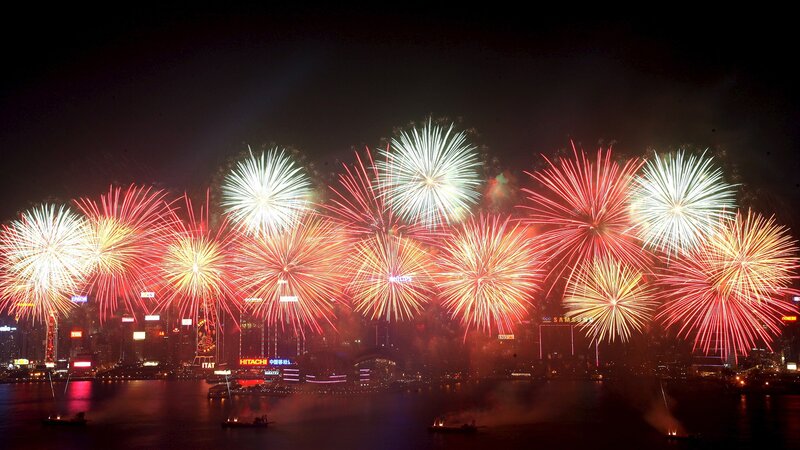 Fireworks over Harbor — Red, Festive, Night, Photograph, Buildings, Boats