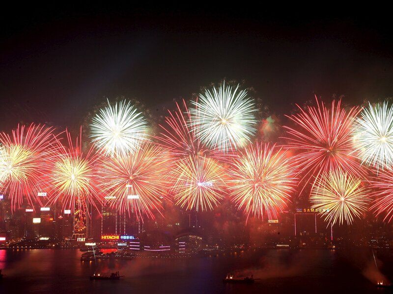 Fireworks over Harbor — Red, Festive, Night, Photograph, Buildings, Water, Boats