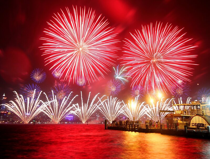Fireworks over Harbor — Red, Festive, Night, Photograph, City Skyline, Dock
