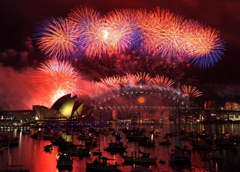 Fireworks over Harbor — Red, Festive, Night, Photograph, Sydney Opera House