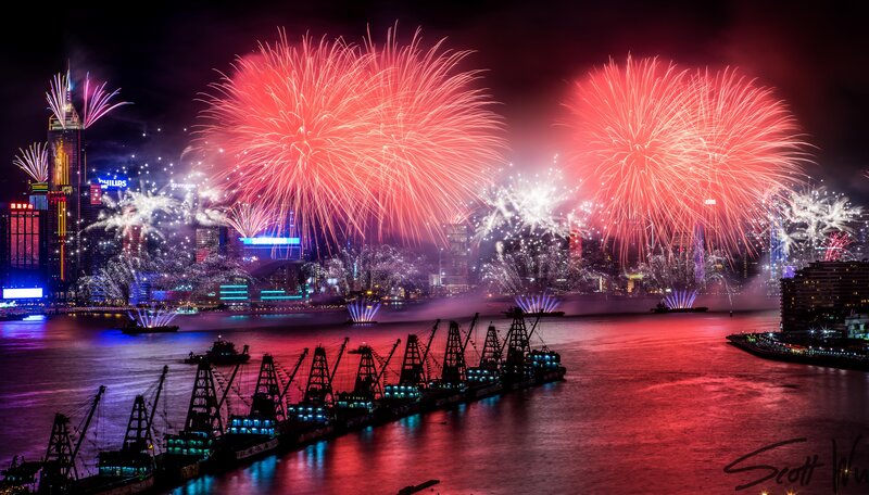 Fireworks over Harbor — Red, Festive, Night, Photograph