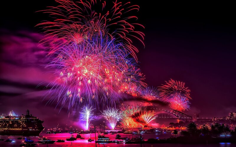 Fireworks over Harbor — Red, Festive, Night