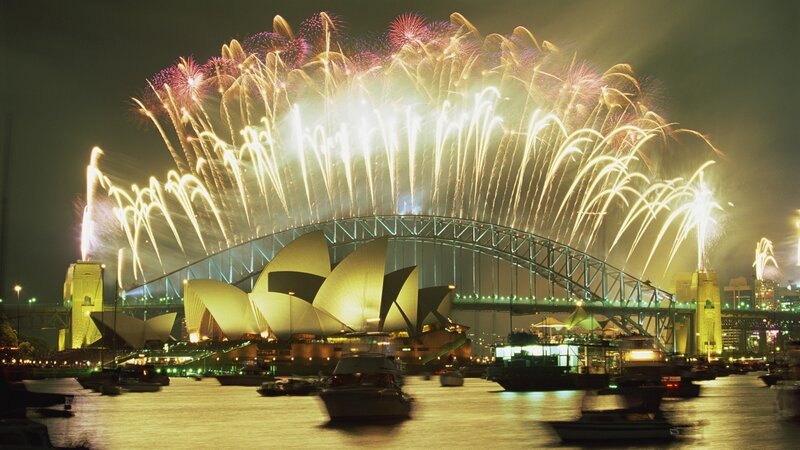 Fireworks over Harbor — Yellow, Festive, Night, Photograph