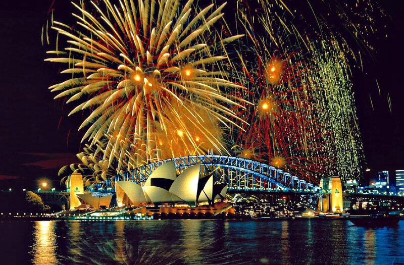 Fireworks over Harbor — Yellow, Festive, Night