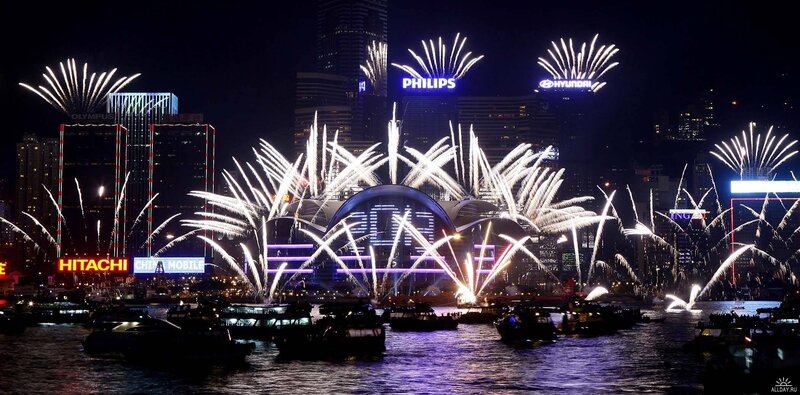 Fireworks over Hong Kong harbor