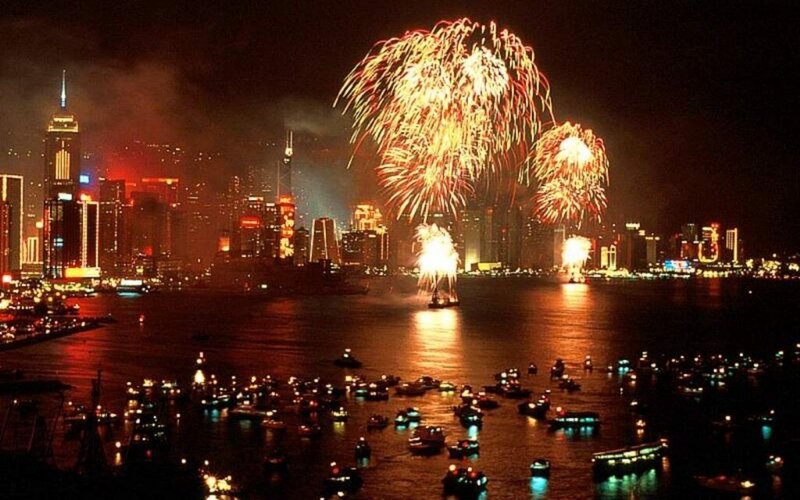 Fireworks over Hong Kong harbor