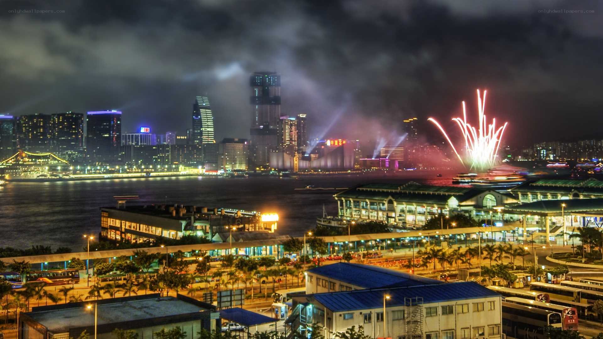 Fireworks over Hong Kong harbor