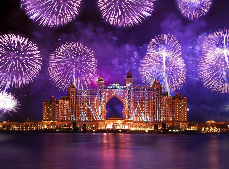 Fireworks over Hotel — Purple, Celebratory, Night