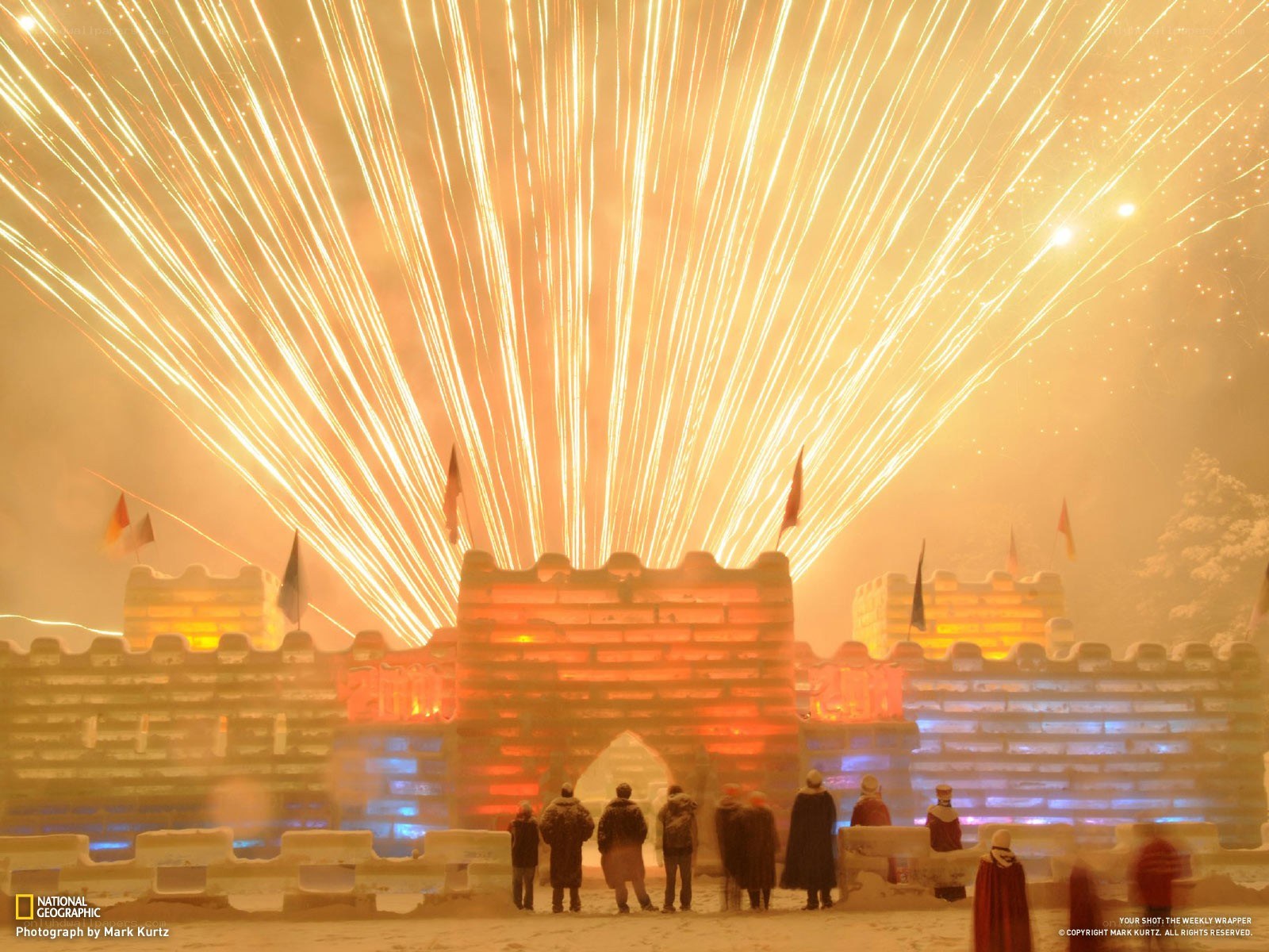 Fireworks over ice castle