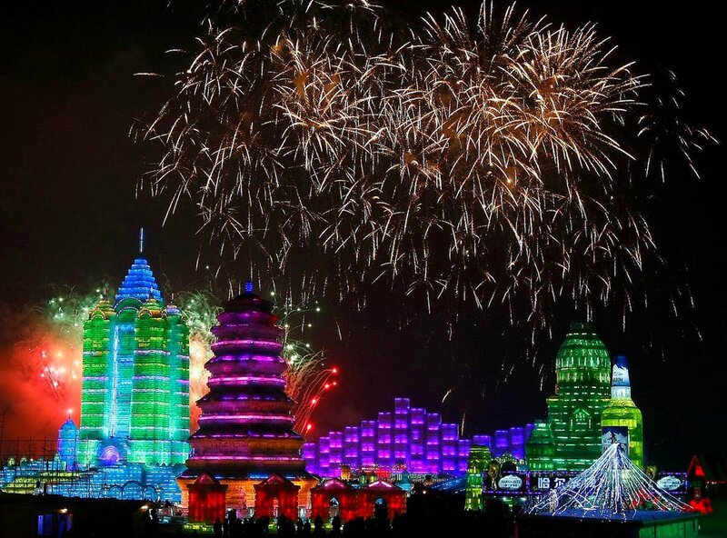 Fireworks over ice sculptures