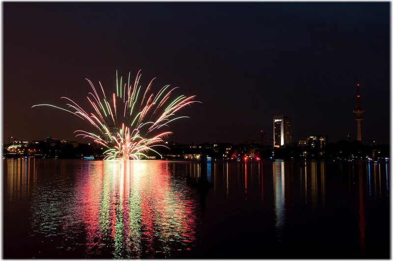 Fireworks over Lake — Black, Dramatic