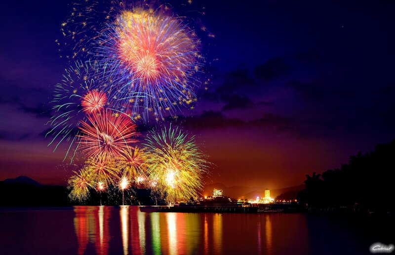 Fireworks over Lake — Blue, Dramatic, Night, Photograph, City Lights