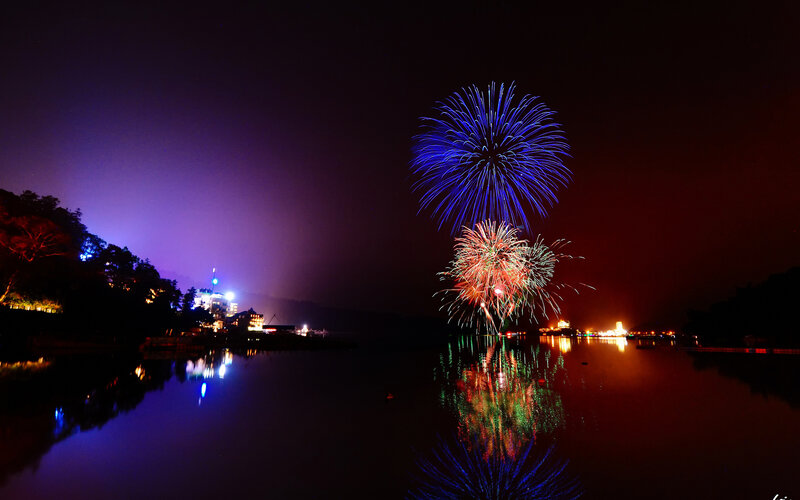 Fireworks over Lake — Blue, Dramatic, Night, Photograph