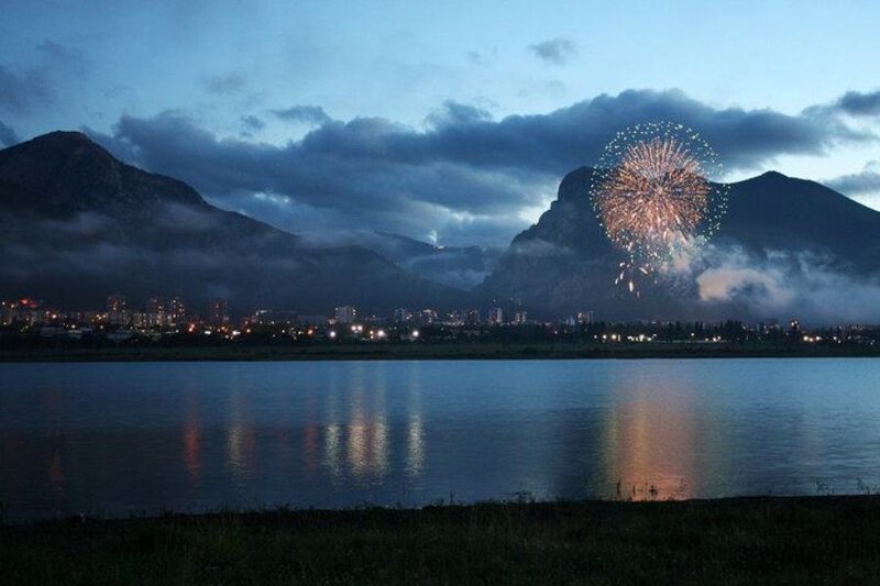 Fireworks over Lake — Blue, Dramatic