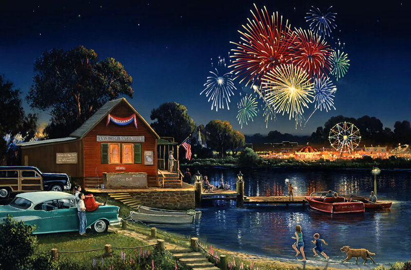 Fireworks over Lake — Blue, Festive, Night