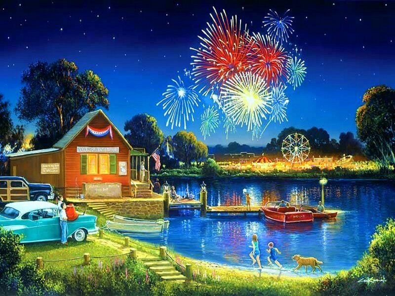 Fireworks over Lake — Blue, Festive