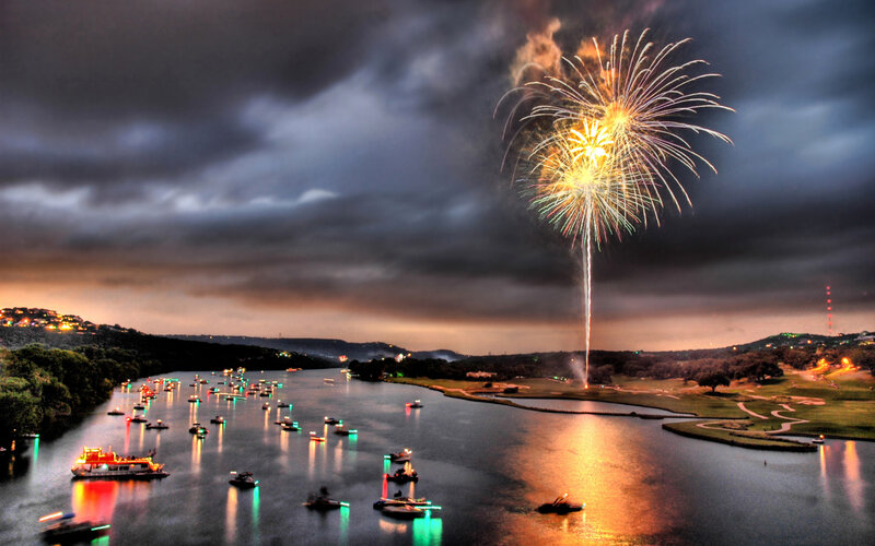 Fireworks over Lake — Dark Blue, Dramatic, Night