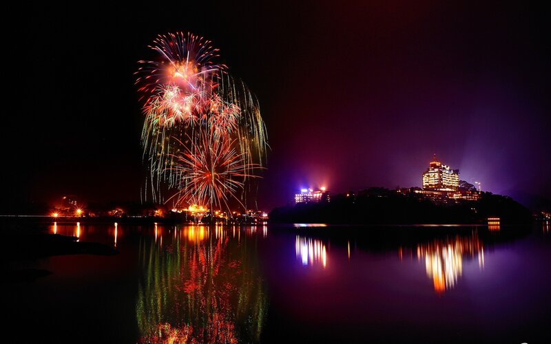 Fireworks over Lake — Purple, Celebratory