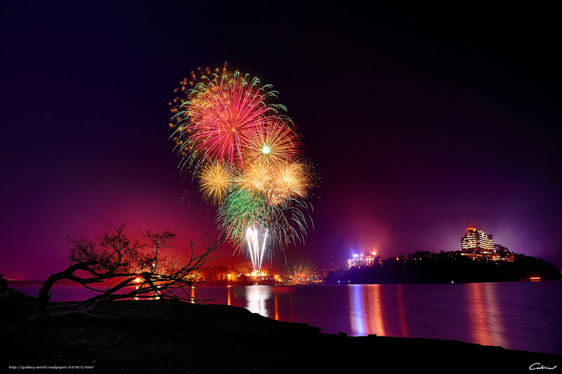 Fireworks over Lake — Purple, Dramatic, Night