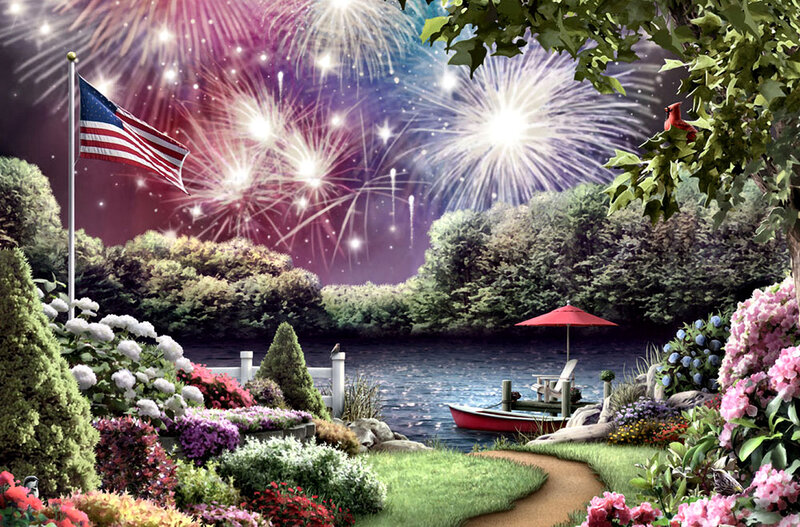 Fireworks over Lake — Purple, Festive, Night