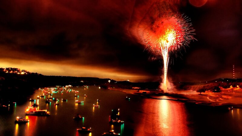 Fireworks over Lake — Red, Dramatic, Night, Photograph, Boats, Sky, Hills, Black