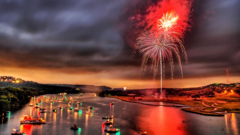 Fireworks over Lake — Red, Dramatic, Night, Photograph, Boats, Sky, Hills