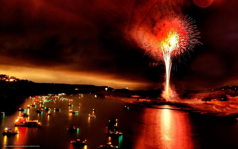 Fireworks over Lake — Red, Dramatic, Night