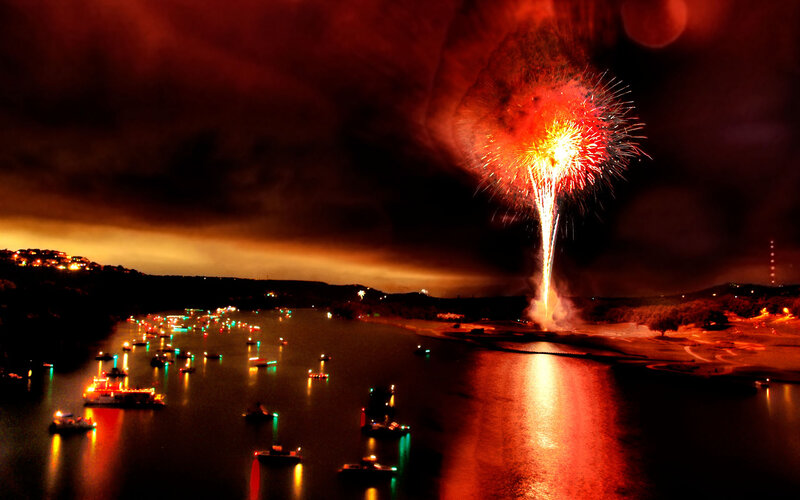 Fireworks over Lake — Red, Dramatic
