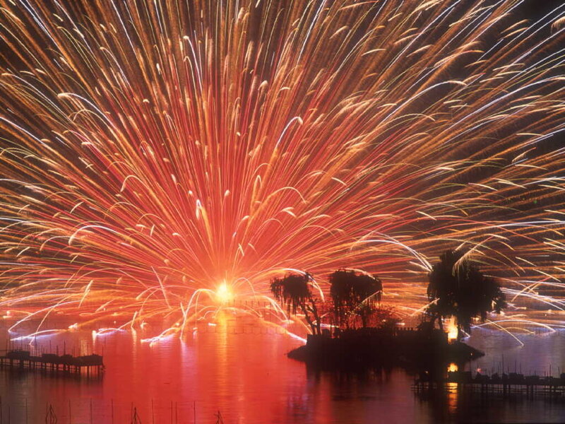 Fireworks over Lake — Red