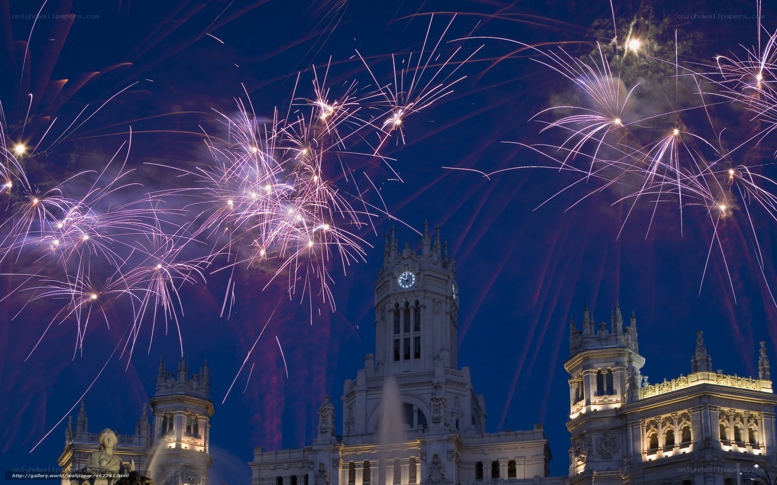 Fireworks over Madrid architecture