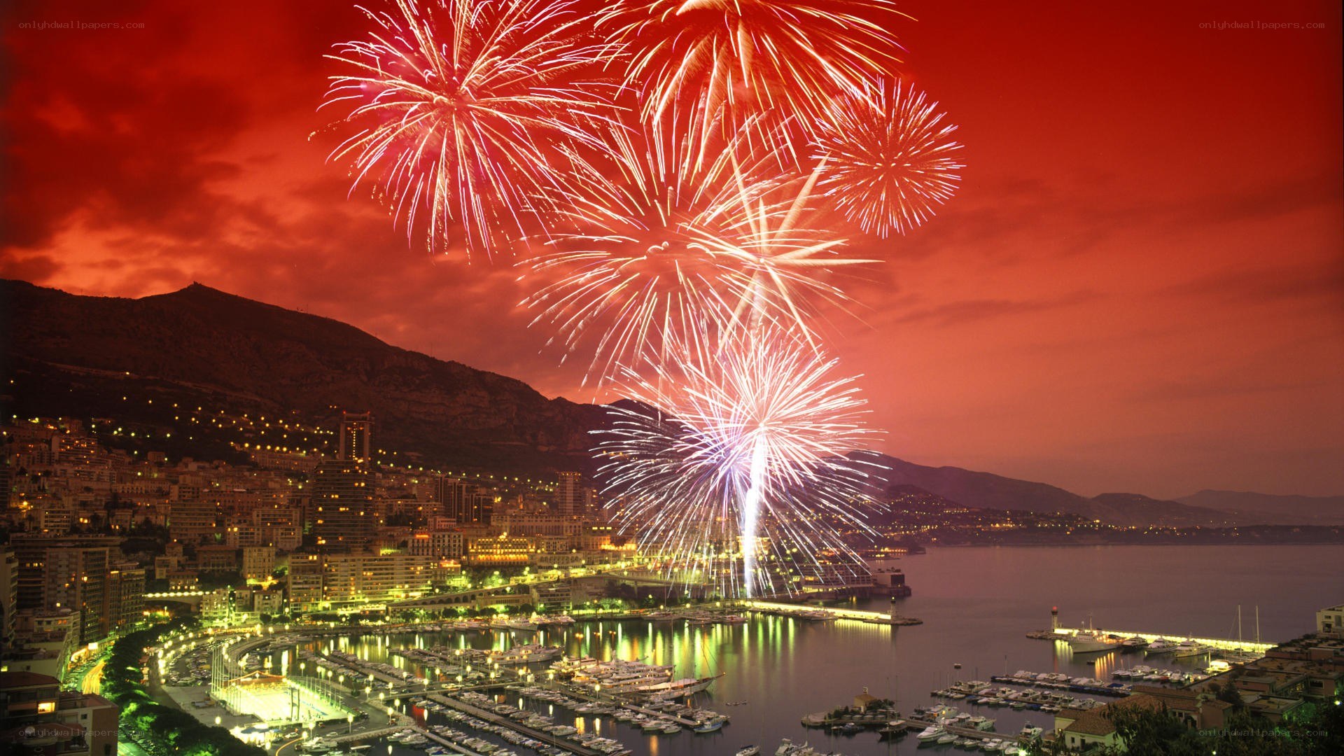 Fireworks over Monaco harbor