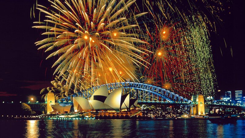 Fireworks over Opera House — Yellow, Festive, Night