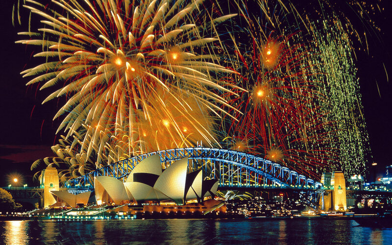 Fireworks over Opera House — Yellow, Festive