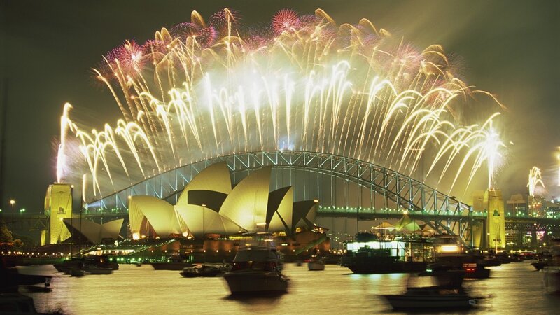 Fireworks over Opera House — Yellow
