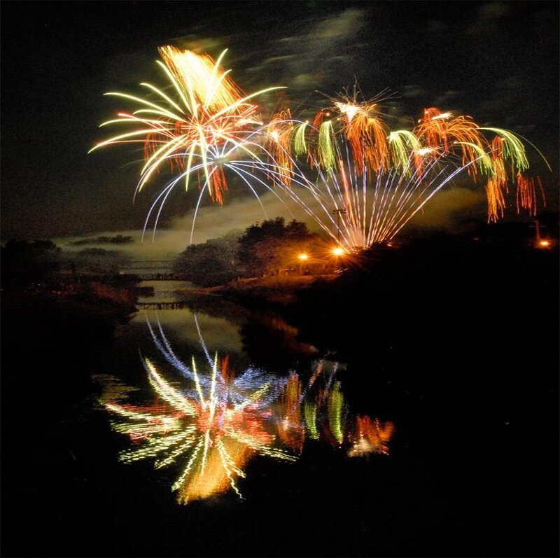 Fireworks over River — Black, Celebratory