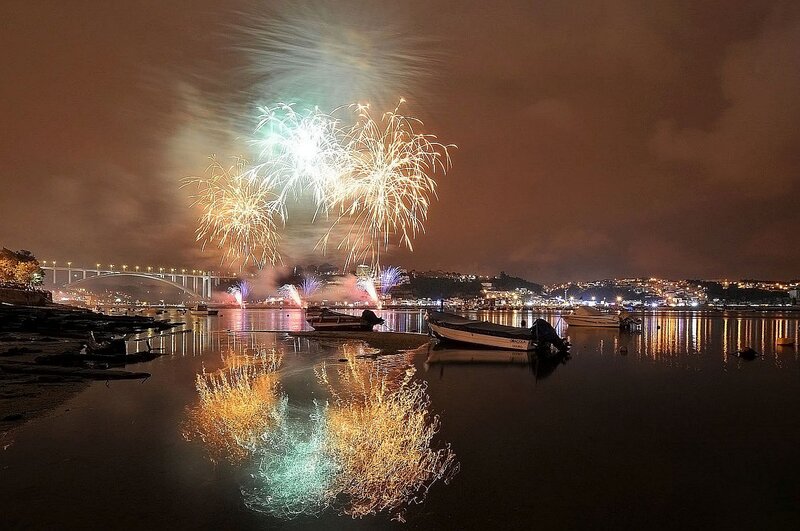 Fireworks over River — Black