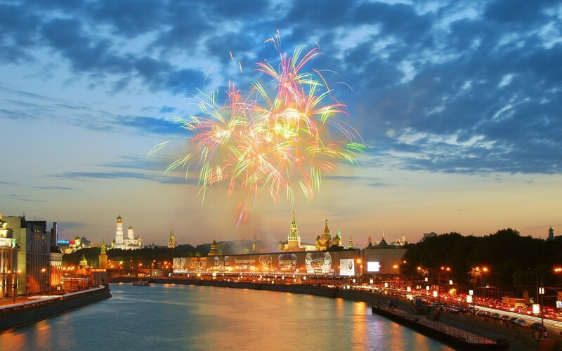Fireworks over River — Blue, Celebratory, Night