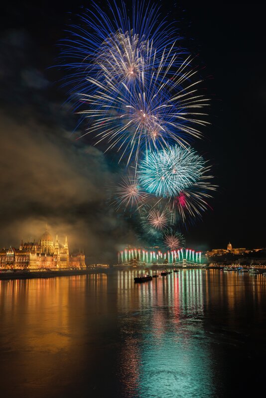 Fireworks over River — Blue, Dramatic, Night