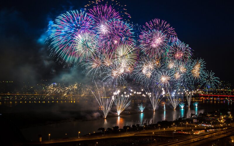Fireworks over River — Blue, Festive, Night, Photograph