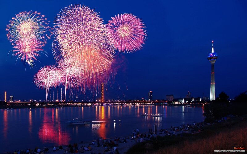 Fireworks over River — Blue, Festive, Night, Photograph, Tower