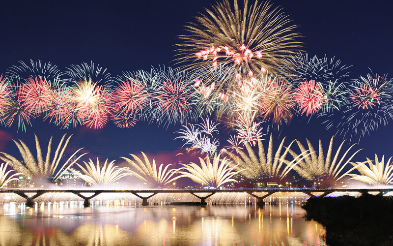 Fireworks over River — Blue, Festive, Night