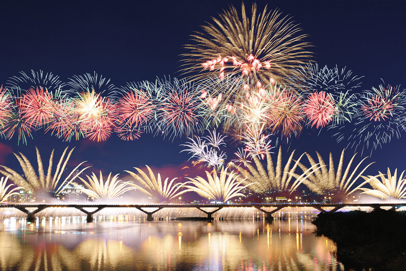 Fireworks over River — Blue, Festive