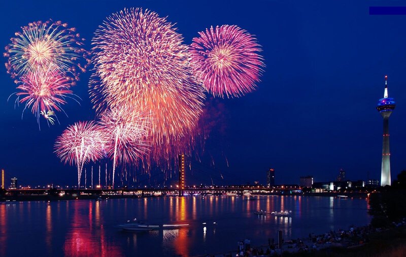 Fireworks over River — Blue