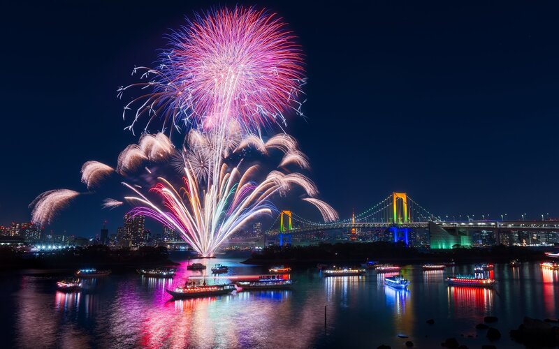 Fireworks over River — Purple, Festive