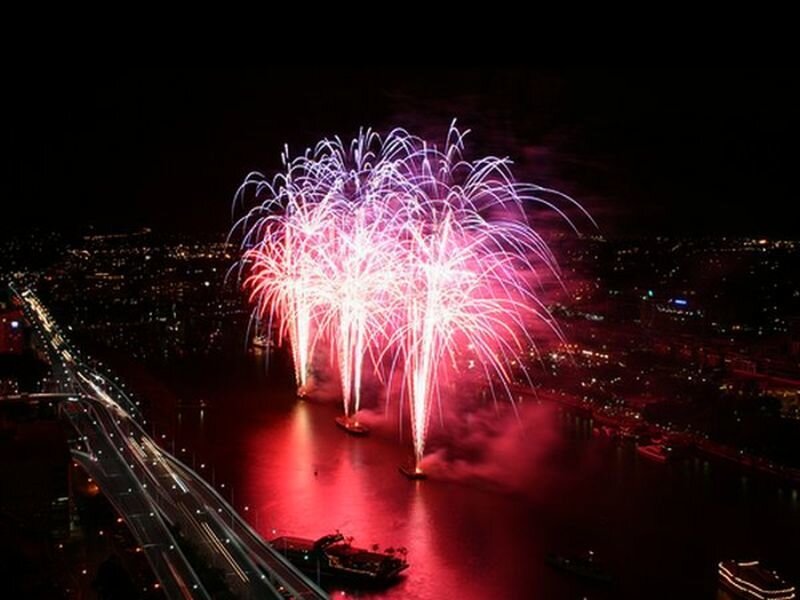 Fireworks over River — Red